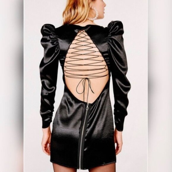 For Love and Lemons New Puff Sleeve Black Satin Prince Mini Dress XS NWT - Picture 5 of 10
